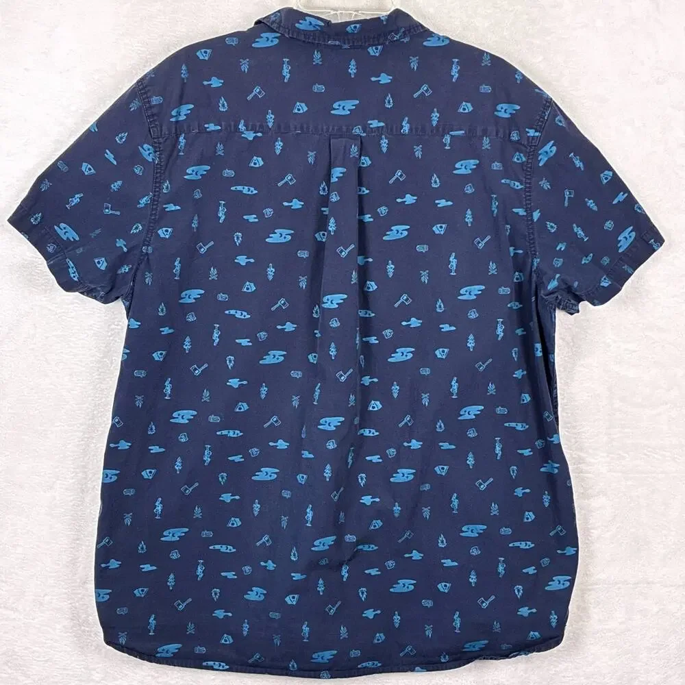 North Face Camp Shirt Mens XXL Blue Baytrail Tent Tree Axe AOP Outdoor Preppy